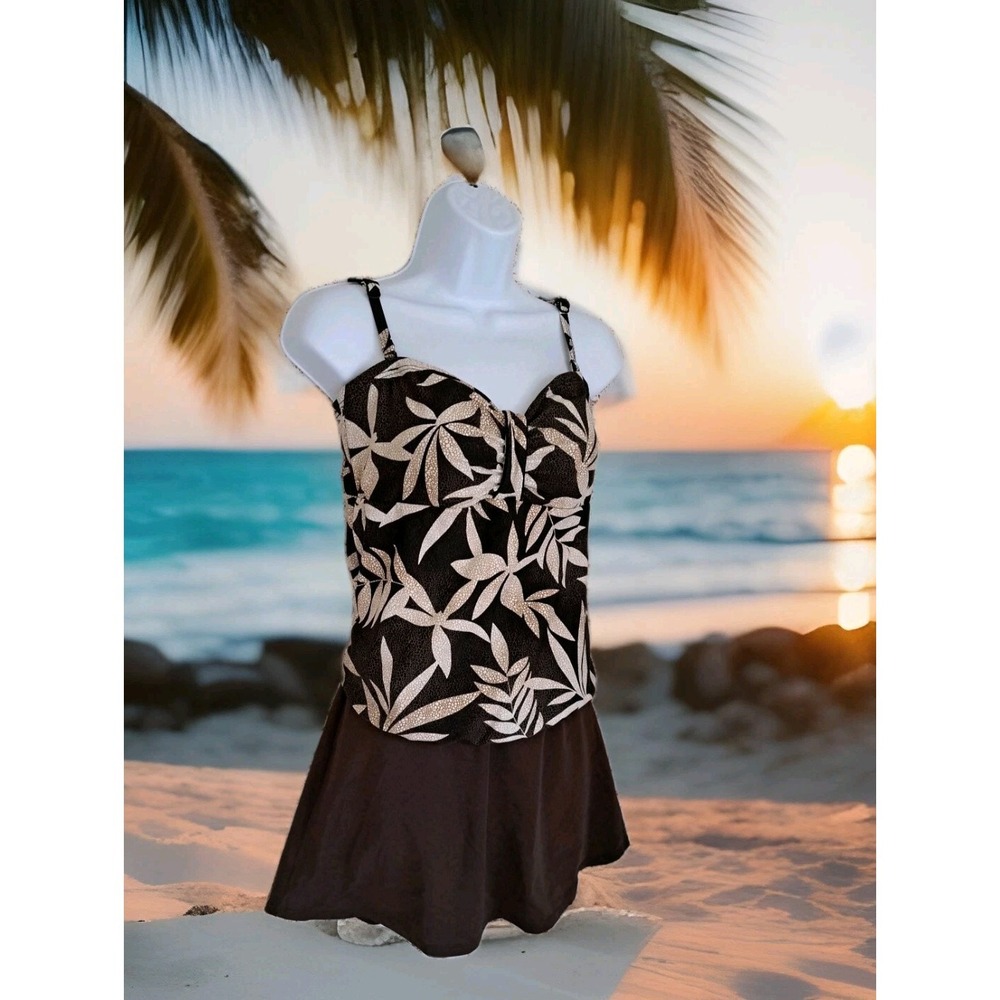 Croft & Barrow 2-pc. Swim Set 12 Brown Tropical Print Tankini Top Skirted Bottom